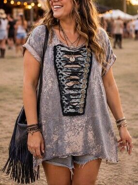 NEXT Neutral Beige Graphic Tunic Top Asymmetrical Hem Short Sleeve Boho Festival
